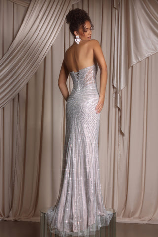 Silver nude formal gown, PS26012, elegant back view