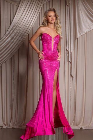 Hot pink formal gown with high slit