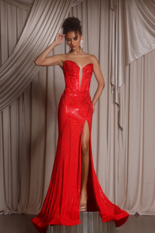 Red strapless sequin gown with high slit