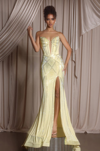 Yellow formal gown with high slit
