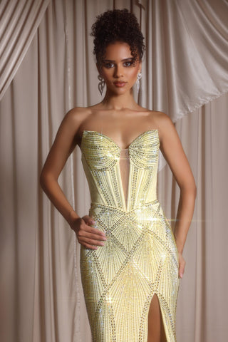 Yellow embellished strapless gown, PS26013