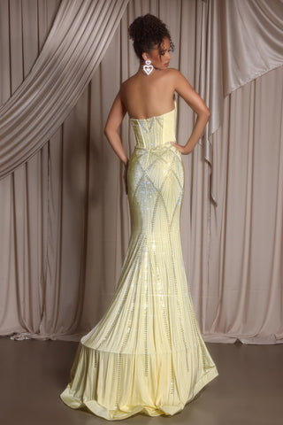 Yellow formal gown, PS26013, on a woman