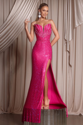 Hot pink sequin gown with high slit