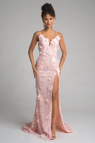 Pink floral formal gown with high slit