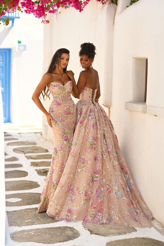 Two women in Rose floral gowns