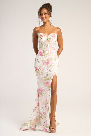 PS26021 White Floral Gown with Slit