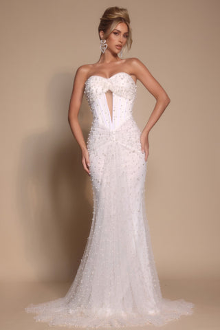 Ivory beaded strapless gown PS26022