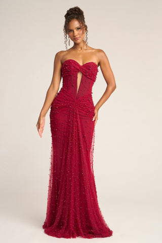 Red beaded strapless gown PS26022