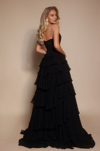 PS26024 Black Tiered Evening Gown