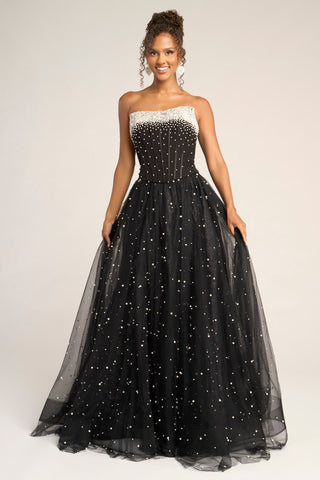 Black strapless gown PS26034 with beaded bodice and tulle skirt
