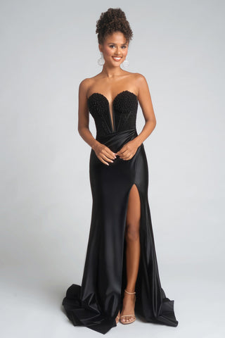 Black strapless formal gown with thigh slit