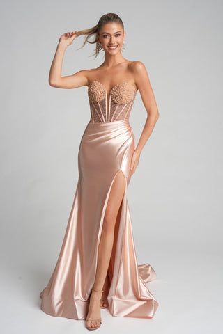 Champagne prom dress with high slit