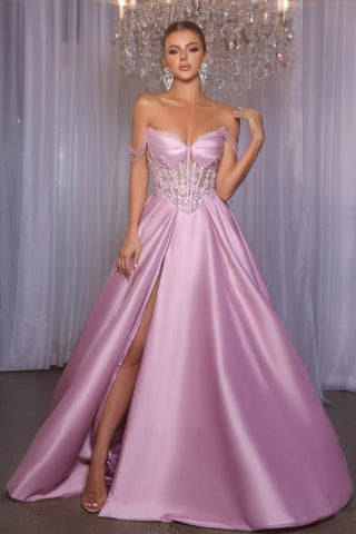 Mauve Off-Shoulder Gown PS26040 with High Slit