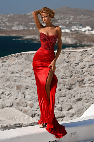 Red satin gown PS26041-Red-01 with high slit
