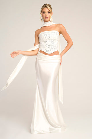 White formal gown PS26042 with beaded bodice
