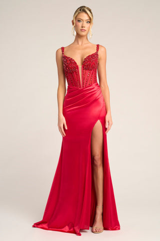 Red formal dress with beaded bodice and slit