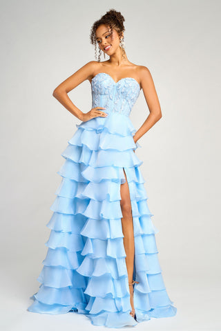Blue strapless layered gown PS26048 with high slit