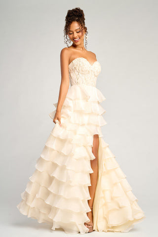 Cream ruffle formal gown with high slit