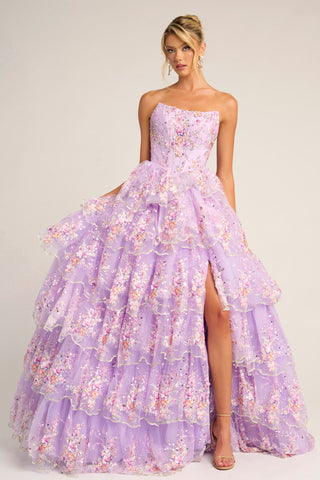 Lilac floral embellished gown with high slit