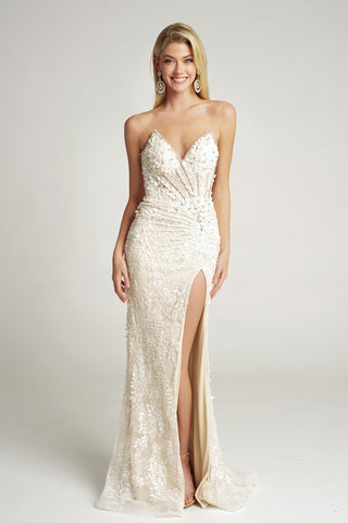 PS26052 Ivory floral embellished formal gown with thigh slit