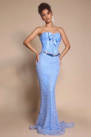 Blue formal gown PS26054 with corset bodice and beaded skirt