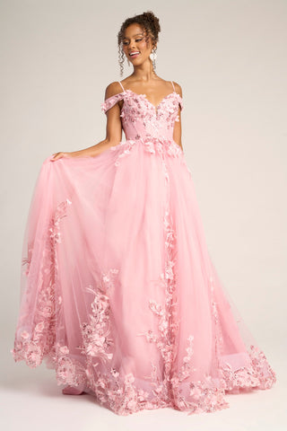 Pink floral formal gown.