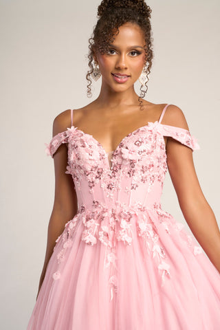 Pink floral off-shoulder gown - PS26055