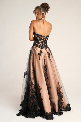 Black and nude formal gown with lace detail
