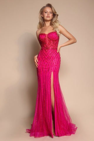 Fuchsia beaded formal gown PS26072 with high slit