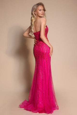 Fuchsia formal gown PS26072, woman in strapless evening dress