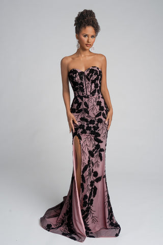 Black and nude floral print gown - PS26074