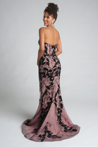 PS26074 Black strapless gown with floral accents