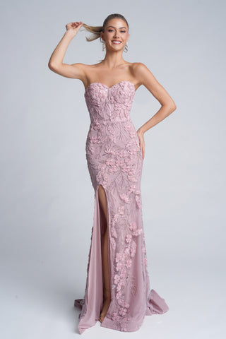 Pink floral PS26074 strapless gown with high slit