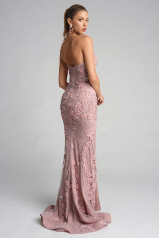 Pink floral strapless gown