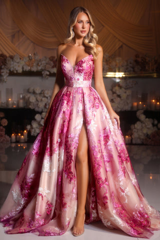 Pink floral gown PS26075 with high slit