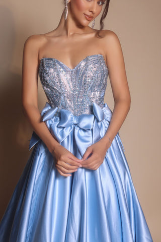PS26077 Blue Strapless Gown with Bow Detail
