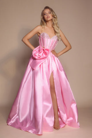 Pink satin gown with bow and slit