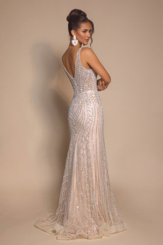 Champagne beaded gown PS26089 on model