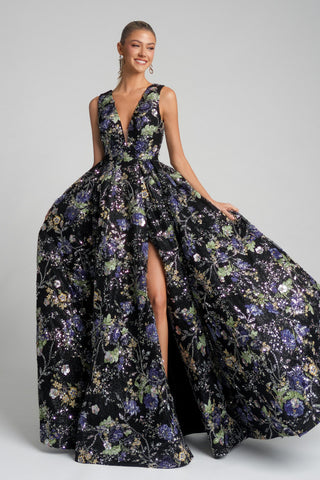 PS26091-BLK Floral Evening Gown with Slit