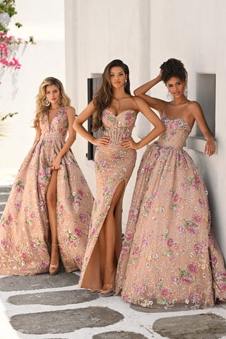 Three women in nude and rose floral gowns