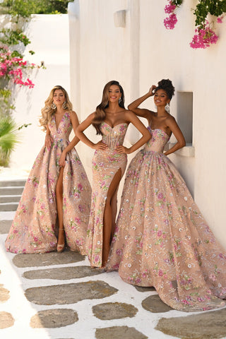 Three women in rose-colored floral gowns, PS26091, PS26021, and PS26215.