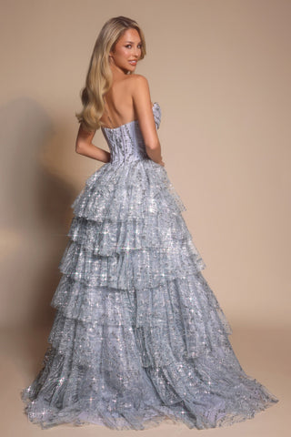 Silver tiered formal gown