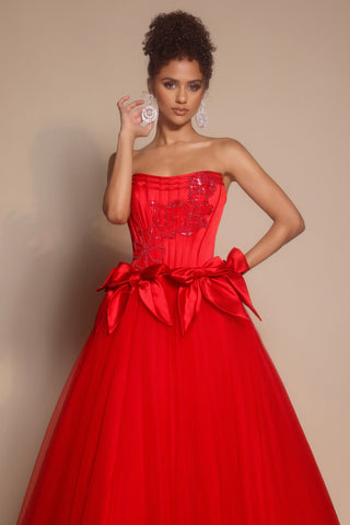 Red ball gown with bow detail, PS26102