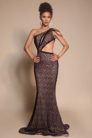 Black nude one-shoulder gown, PS26115.