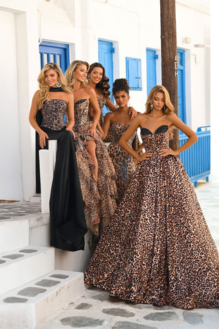 Women in leopard print dresses posing outdoors
