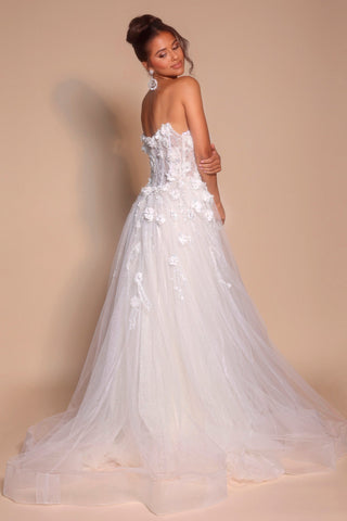 Ivory wedding dress PS26137 with floral bodice and tulle skirt.