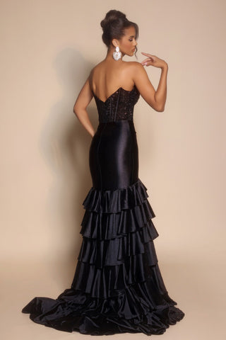 Black formal dress PS26141 with ruffled skirt
