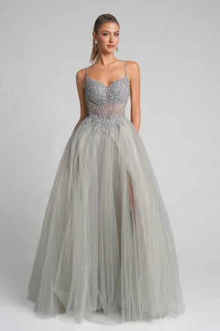 PS26145 Silver Gown with Embellished Bodice