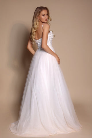 Ivory wedding dress PS26146 on a woman, back view.