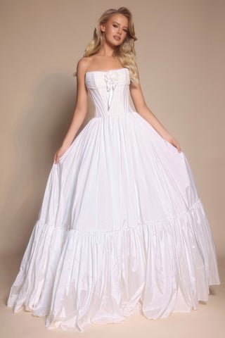 White strapless gown PS26148, model wearing white dress